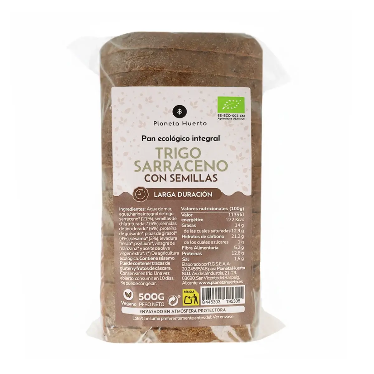 Pan integral proteico de trigo sarraceno con semillas ECO Planeta Huerto 500 g 1 Pan integral proteico de trigo sarraceno con semillas ECO Planeta Huerto 500 g