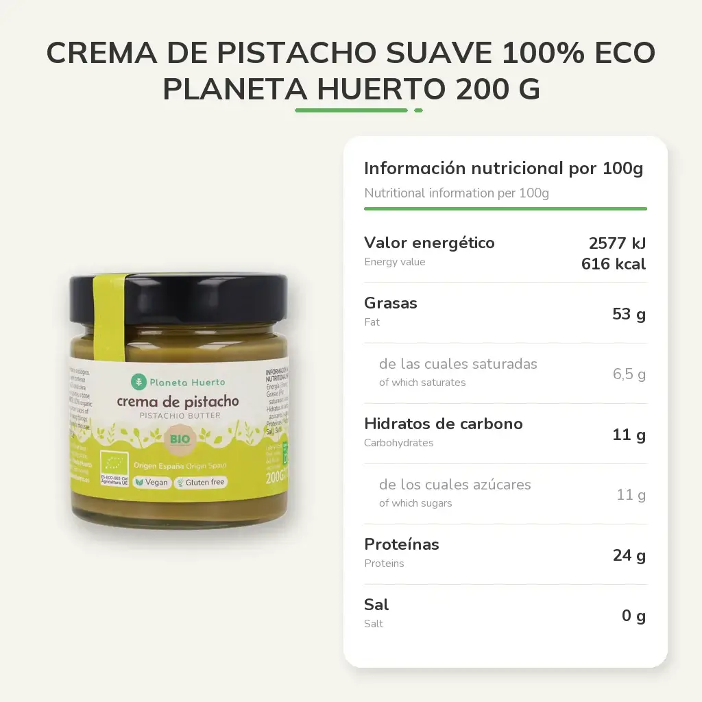 Crema de Pistacho suave 100% ECO Planeta Huerto 200 g 2 Crema de Pistacho suave 100% ECO Planeta Huerto 200 g - Imagen 2